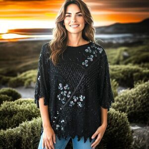 Black Sequin Beaded Koi Fish Top L Halloween Witchy Embellished Vintage 90s READ